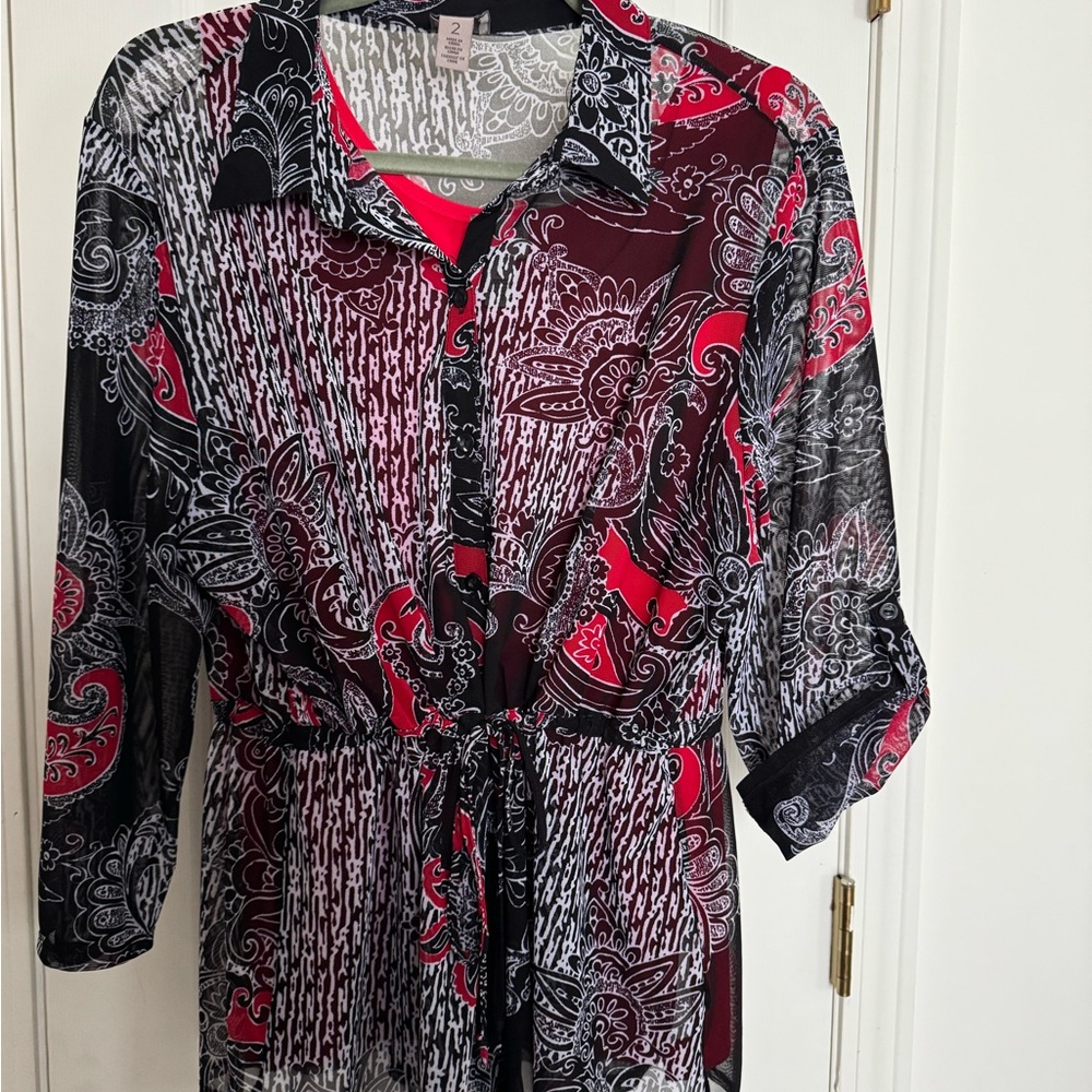 Black, red, white sheer Chico’s blouse Size 12